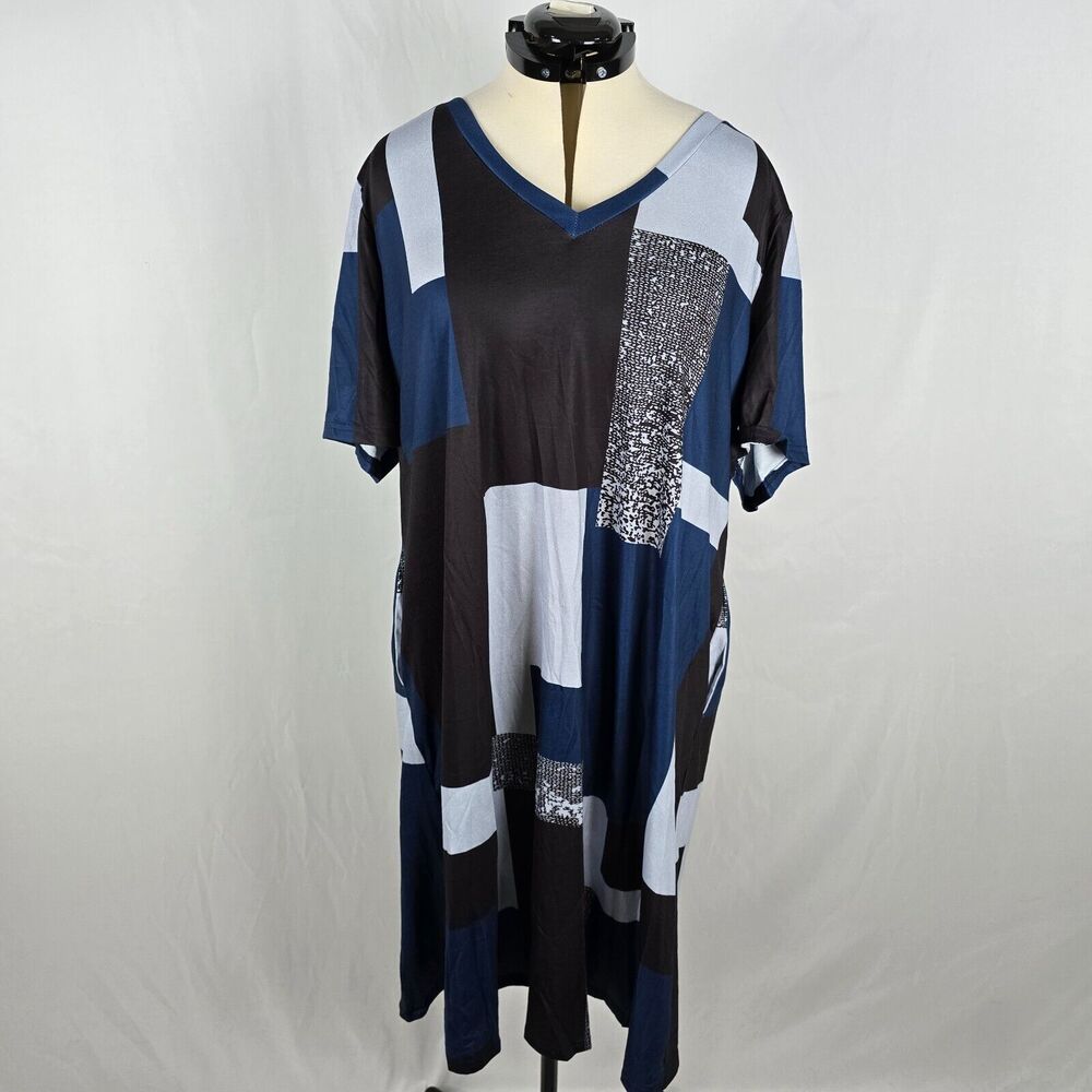 Bloomchic Dress Women's 2X Blue Multi Color Geometric Contrast Midi V-Neck NWT